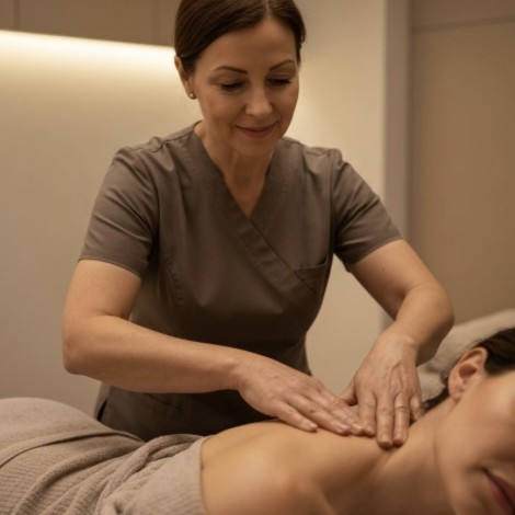 Therapist performing shoulder massage
